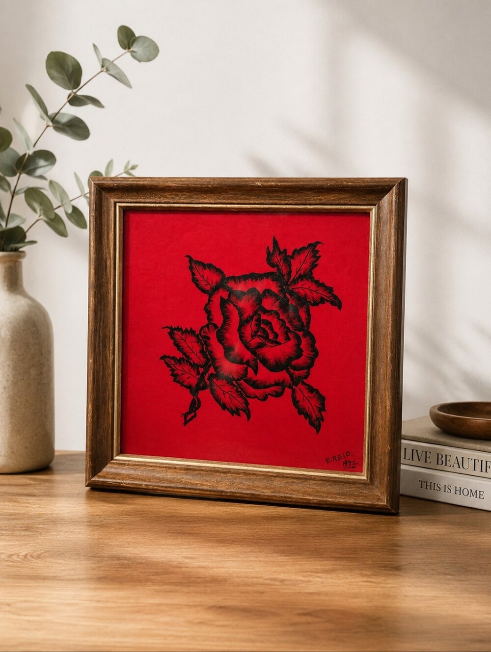 Vintage 1972 E. Reid Bold Red Rose Framed Art